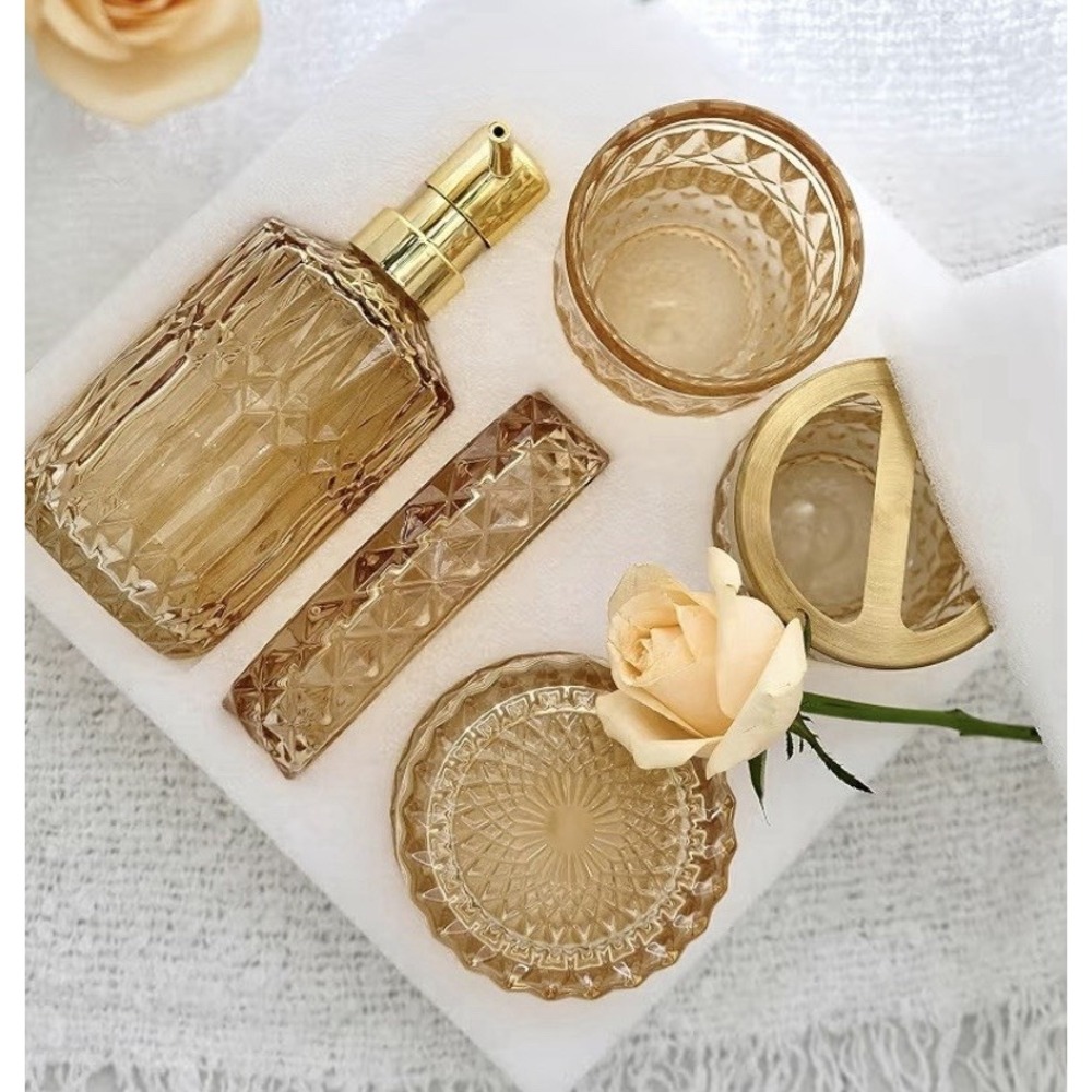La Marriti 5pc Gold Amber Glass Bathroom Set Dispenser, Toothbrush, Soap NIB - Picture 3 of 3